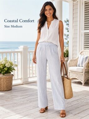 Coastal Comfort Blue White Striped Linen Blend Wide Leg Pants M